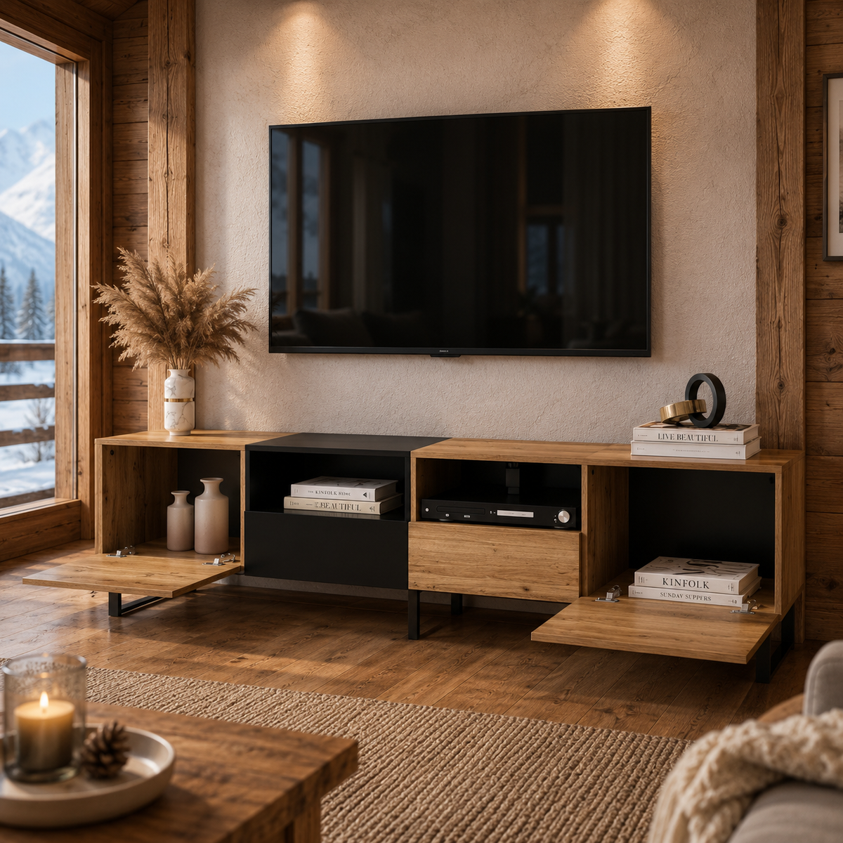 Meuble TV En Bois Noir Néro 190 cm