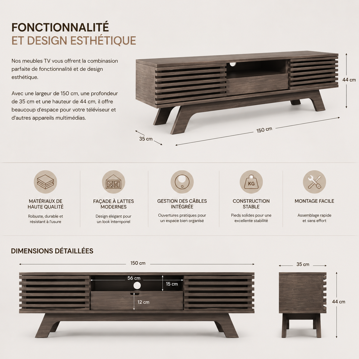 Meuble TV En Bois Foncé Noyer Rétro 150 cm
