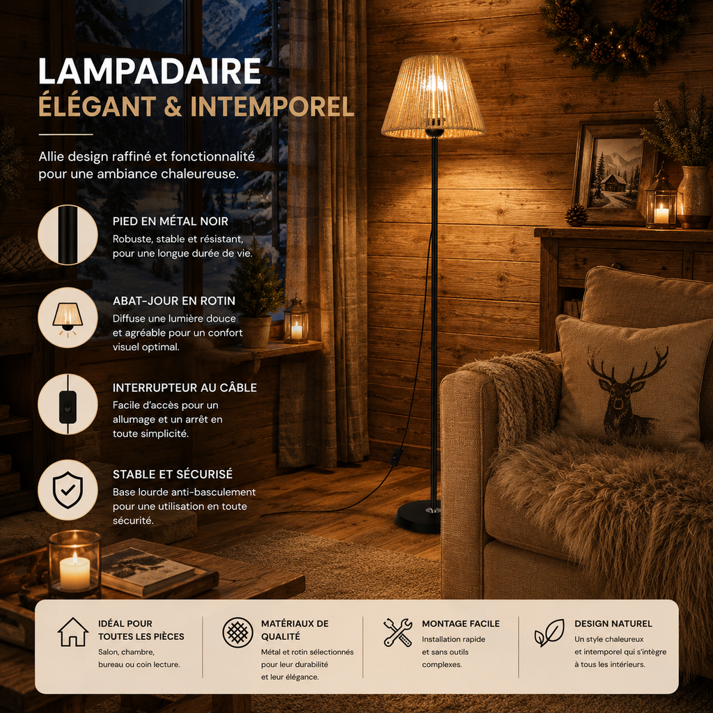 Lampadaire LED Sur Pied Rotin Aura Noir