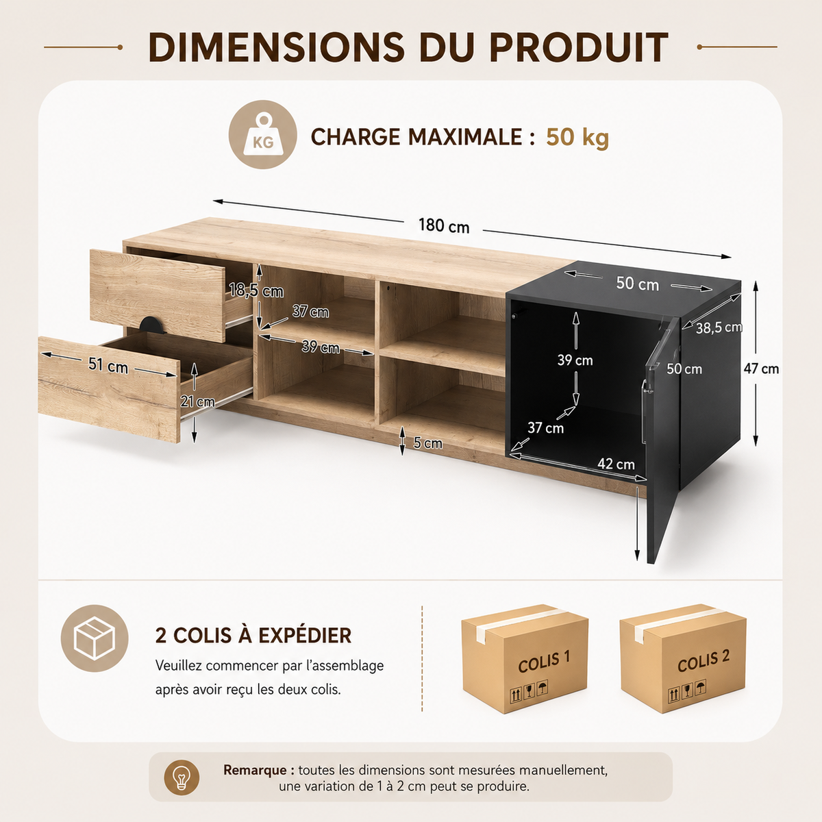 Meuble TV Design En Bois Lumina LED Noir 180 cm