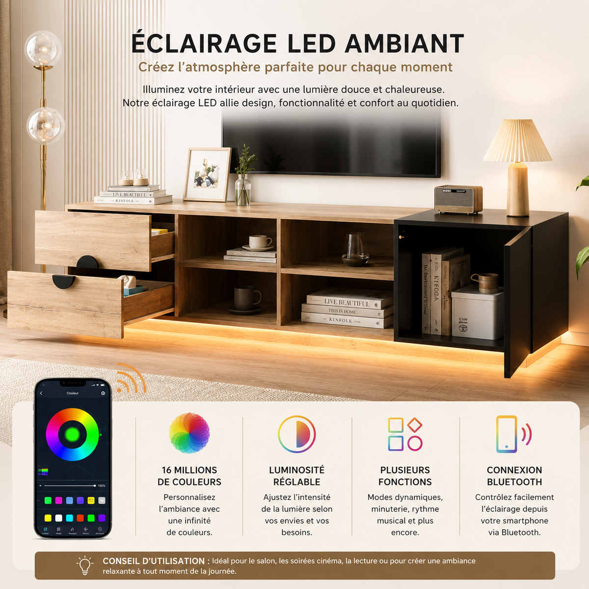 Meuble TV Design En Bois Lumina LED Noir 180 cm