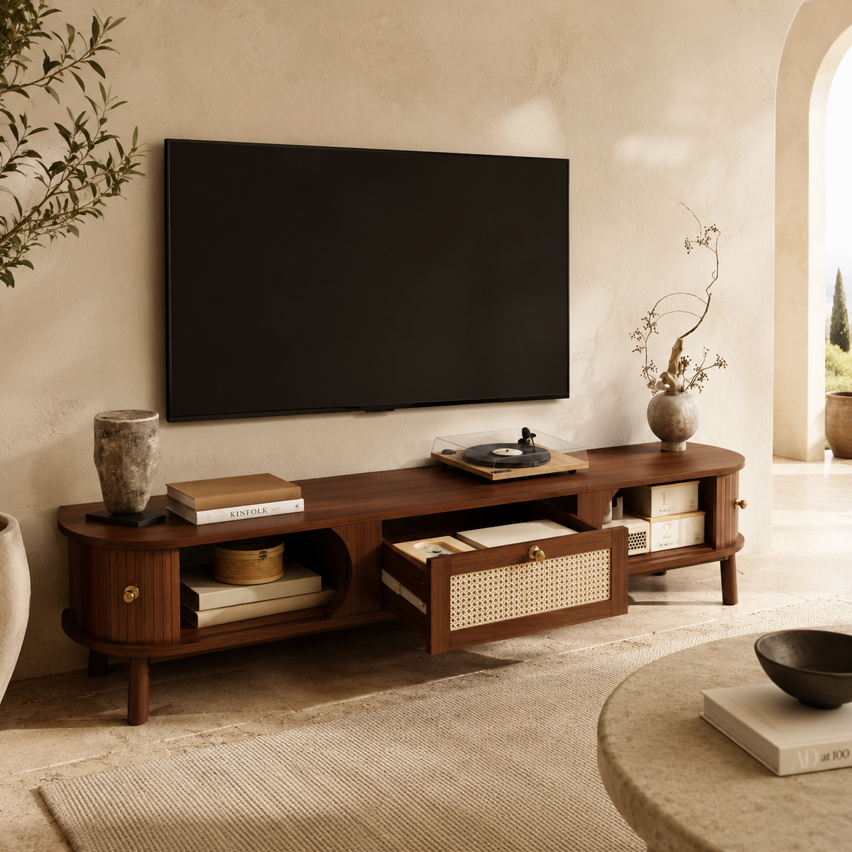 Meuble TV En Bois Vintage Cannage Country