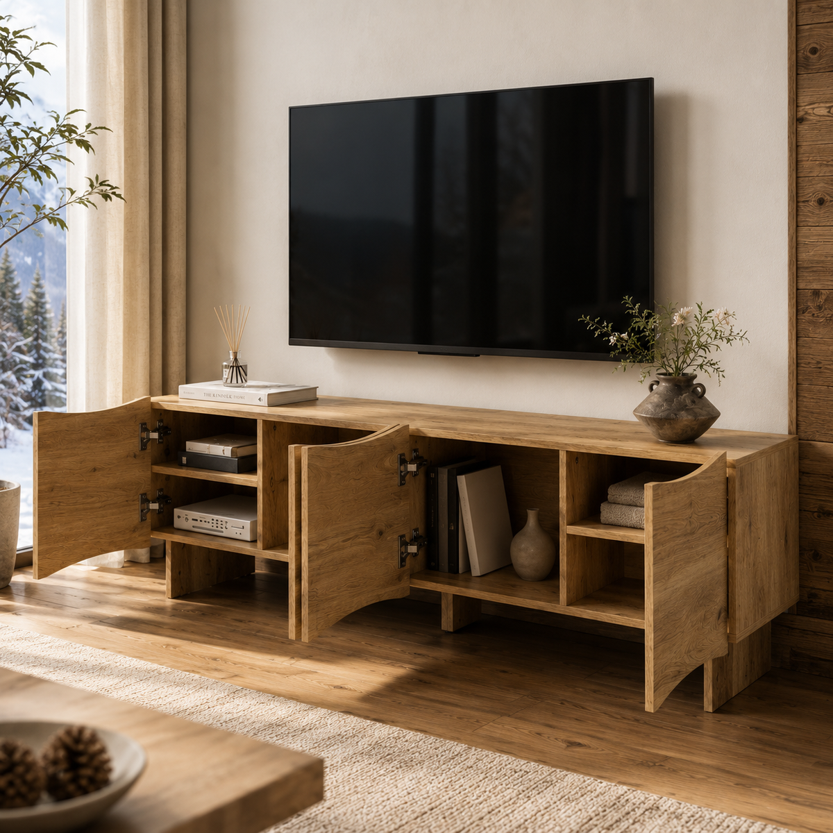 Meuble TV En Bois Clair Onda 155 cm