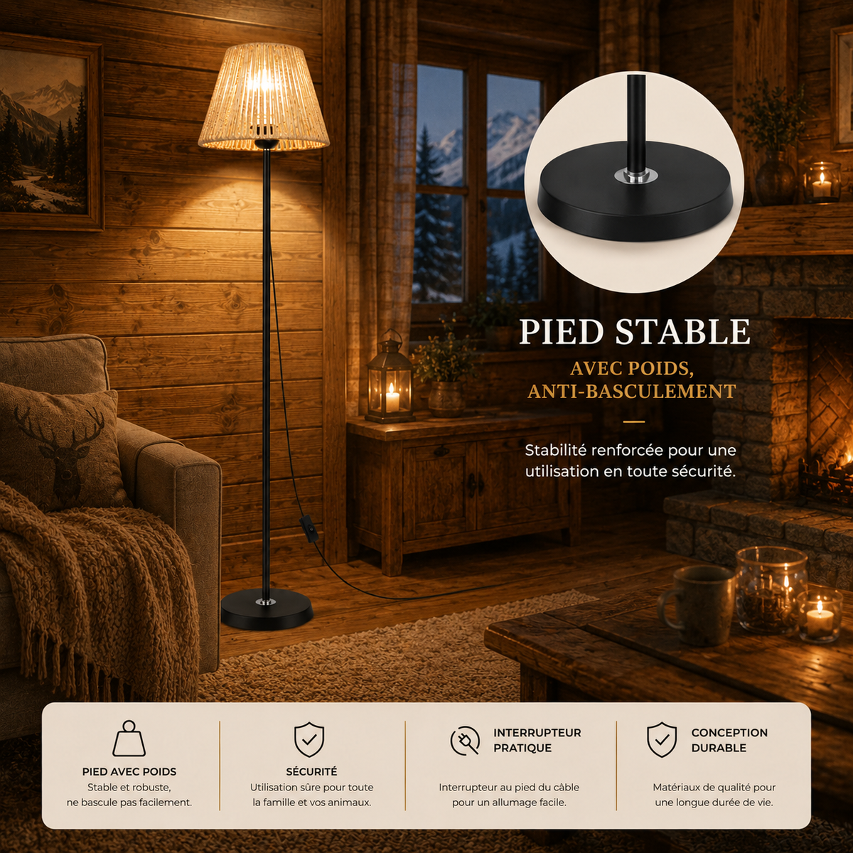 Lampadaire LED Sur Pied Rotin Aura Noir