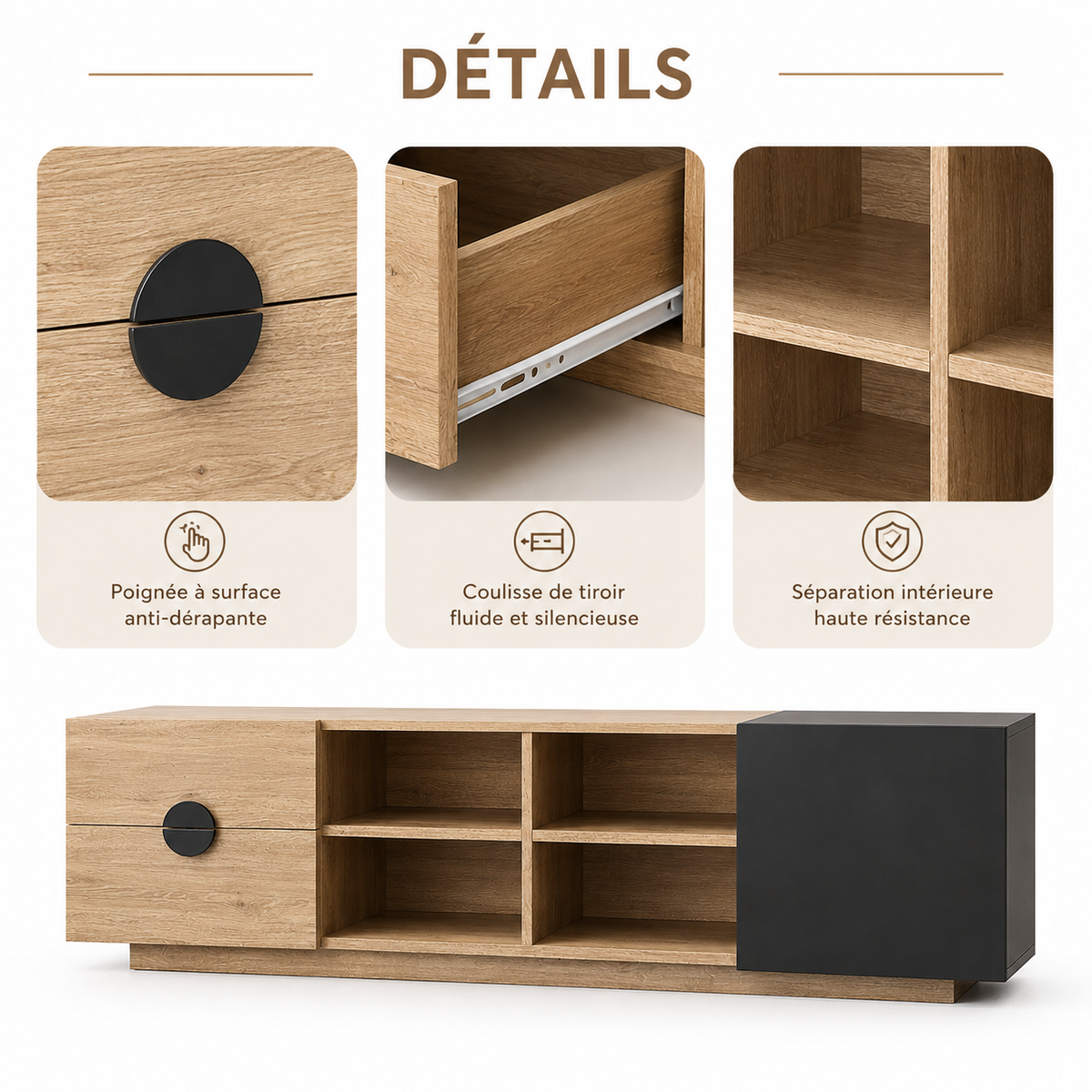 Meuble TV Design En Bois Lumina LED Noir 180 cm