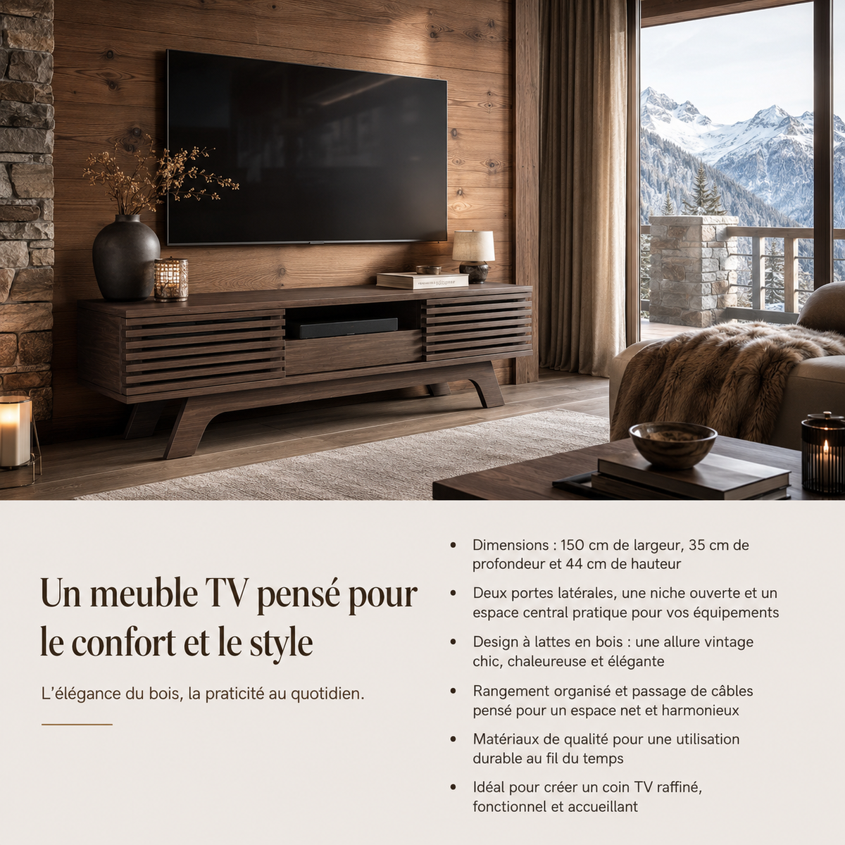 Meuble TV En Bois Foncé Noyer Rétro 150 cm