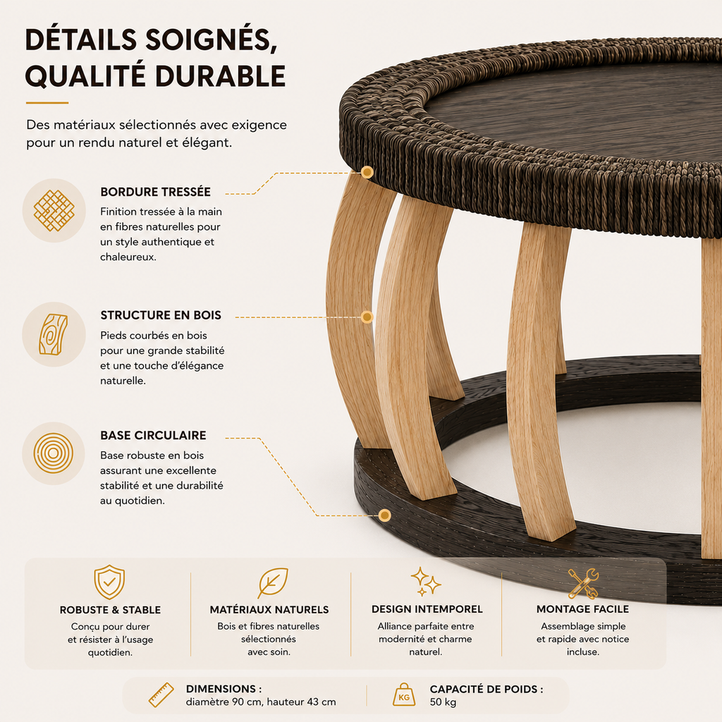 Table Basse Ronde En Bois Bohème Rotin