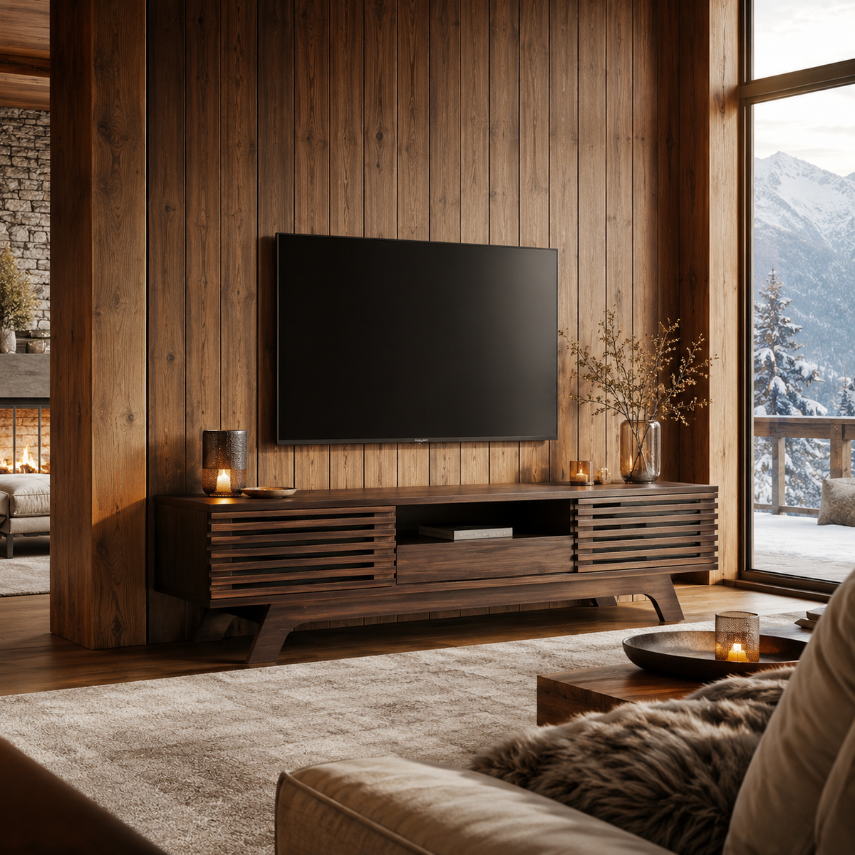 Meuble TV En Bois Foncé Noyer Rétro 150 cm