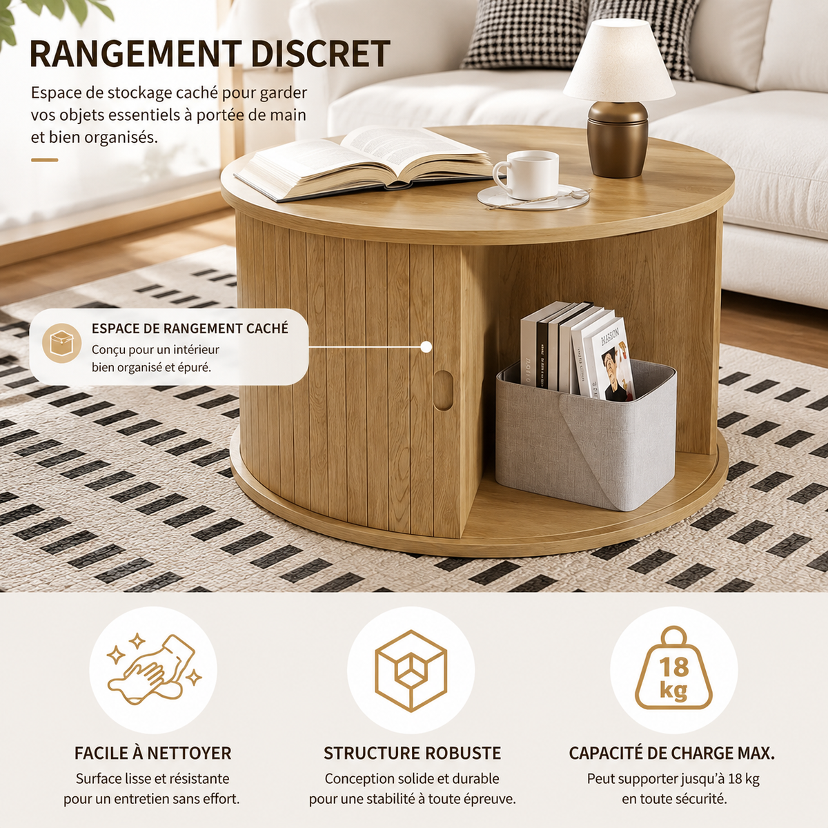 Table Basse Ronde En Bois Cannelée