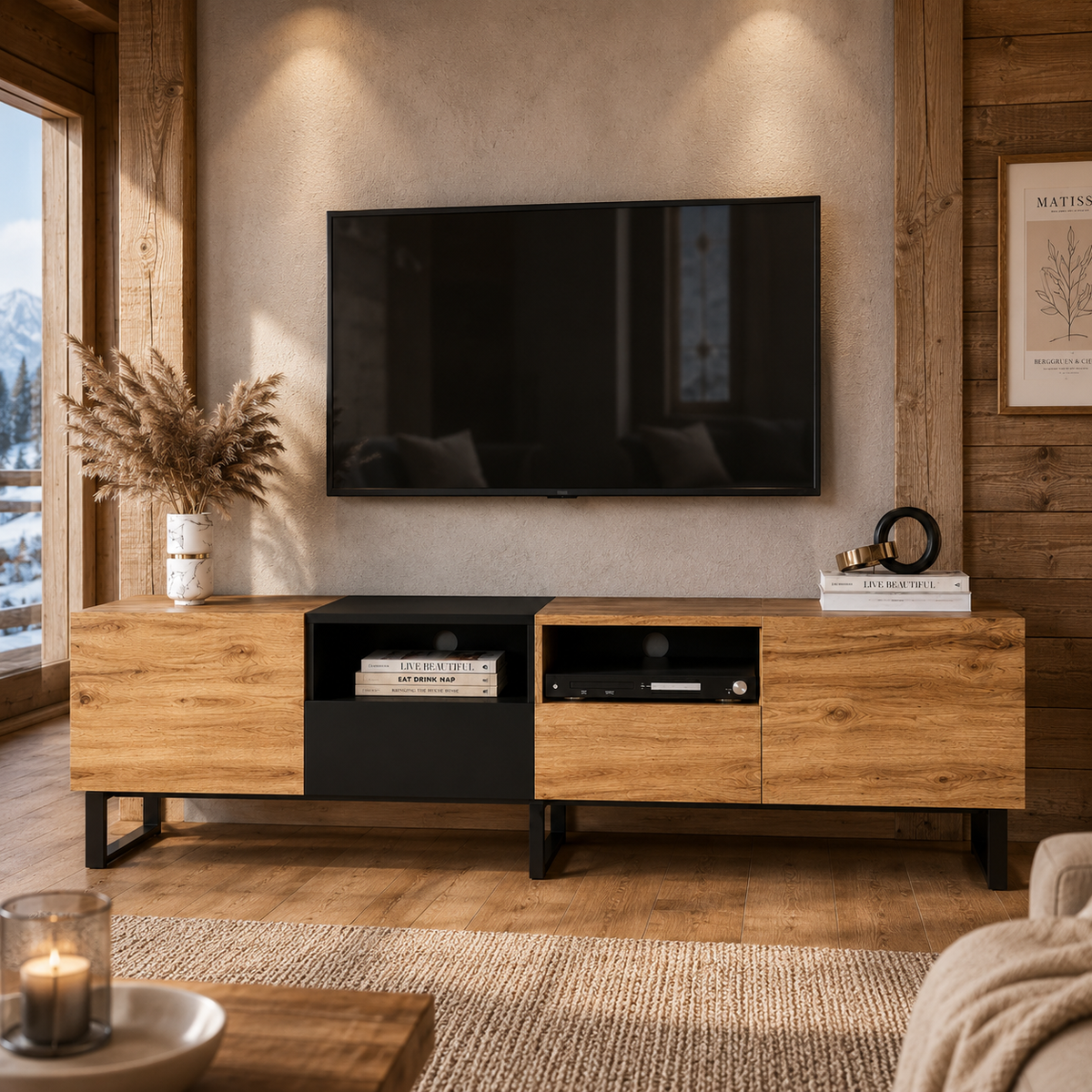 Meuble TV En Bois Noir Néro 190 cm