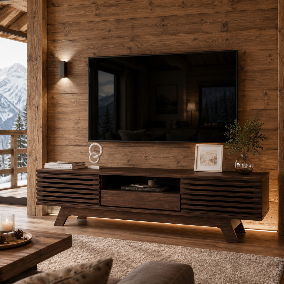 Meuble TV En Bois Foncé Noyer Rétro 150 cm