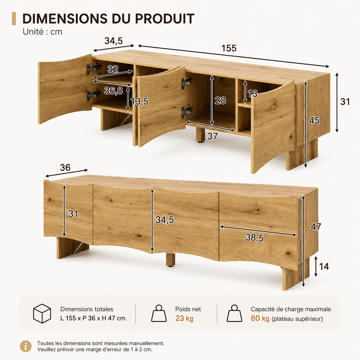 Meuble TV En Bois Clair Onda 155 cm