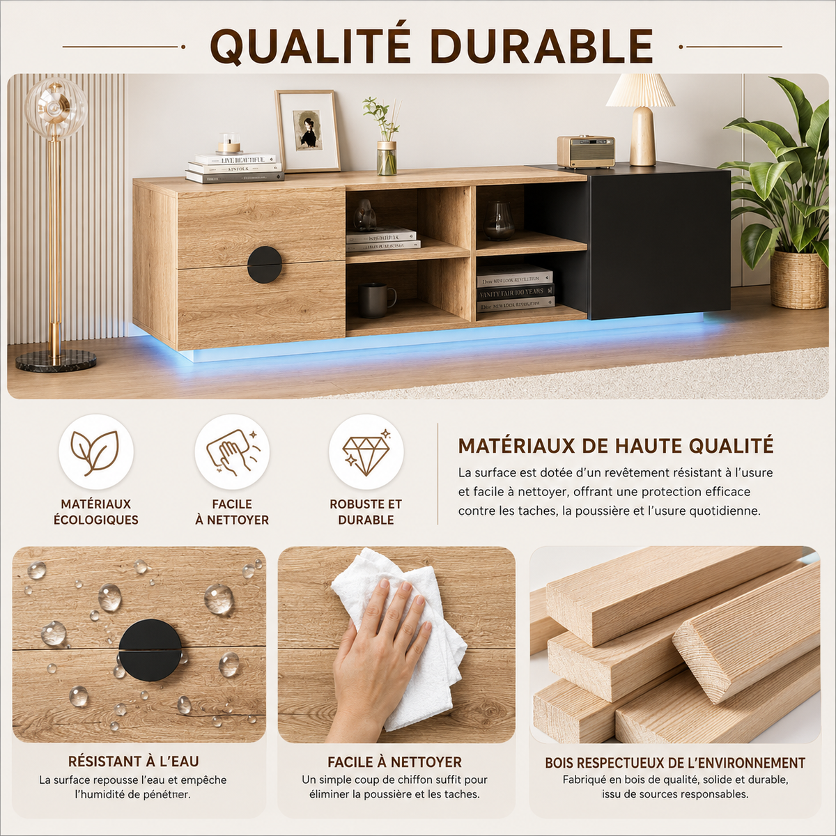 Meuble TV Design En Bois Lumina LED Noir 180 cm
