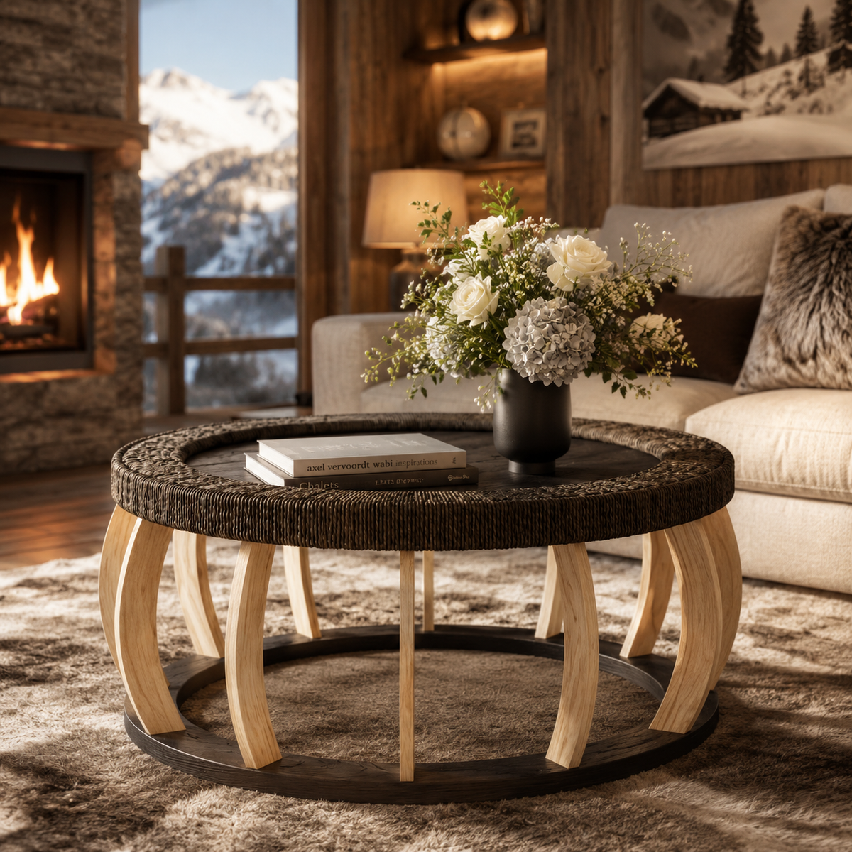 Table Basse Ronde En Bois Bohème Rotin