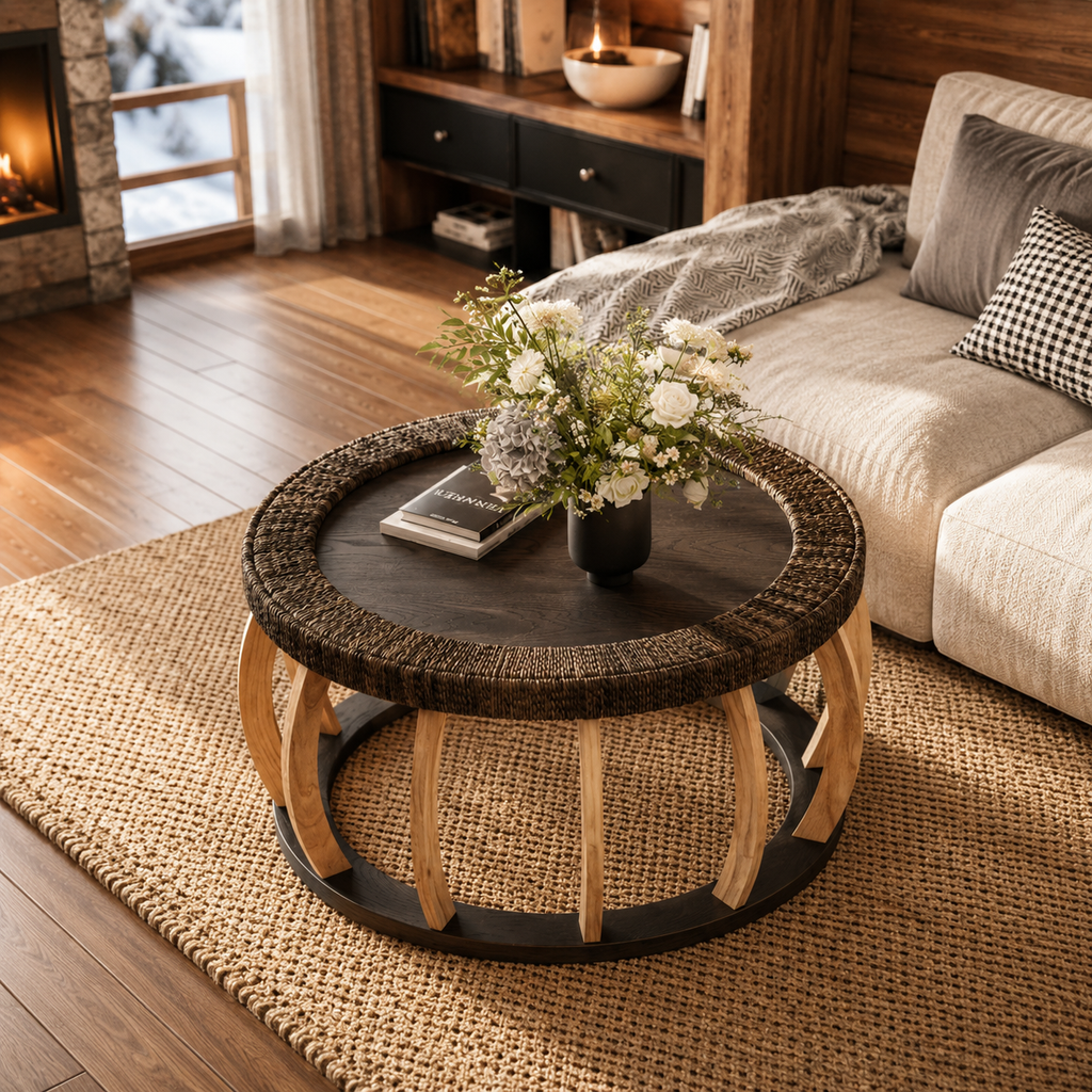 Table Basse Ronde En Bois Bohème Rotin