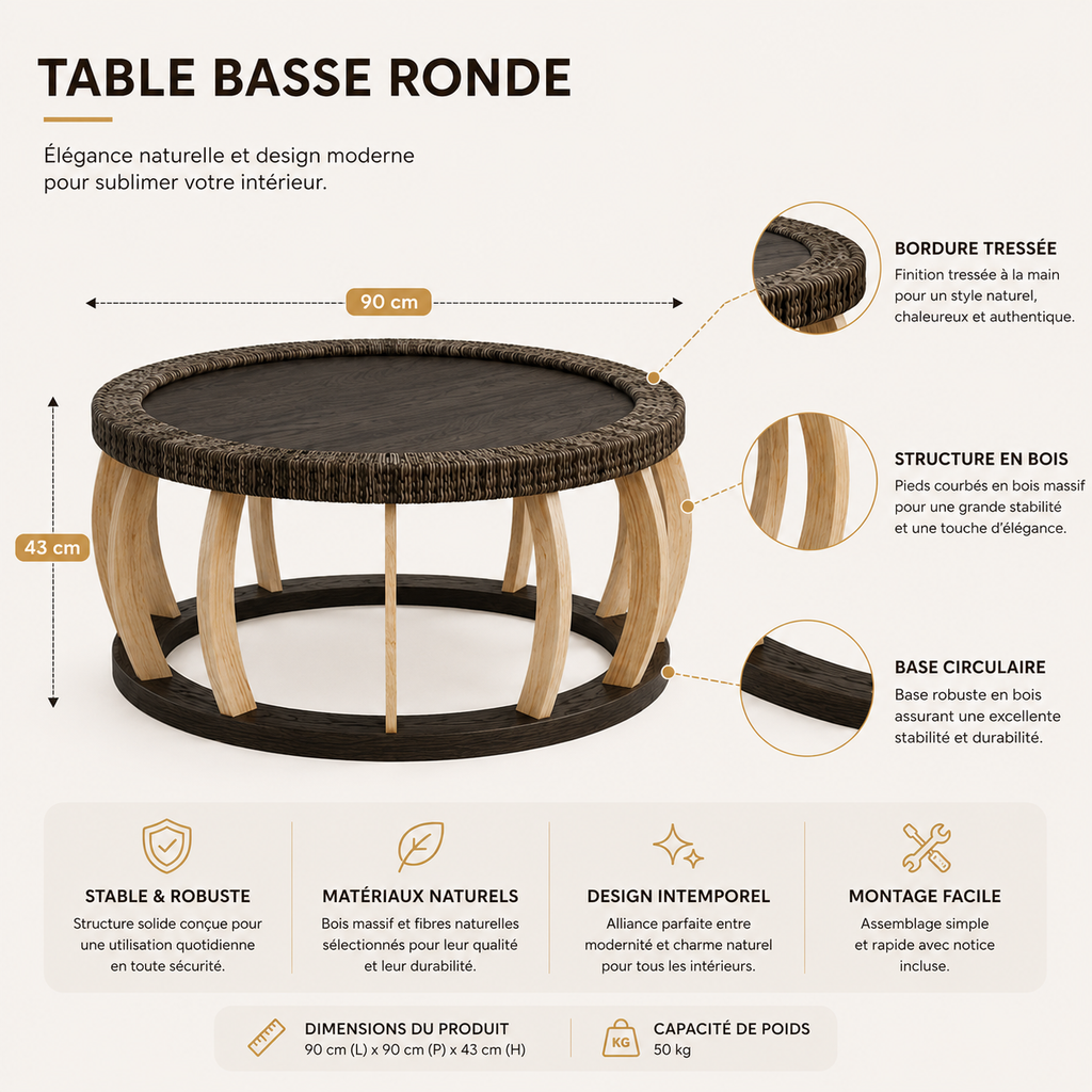Table Basse Ronde En Bois Bohème Rotin