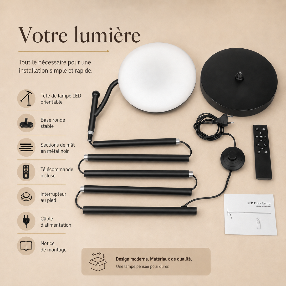 Lampadaire LED Salon Soléa Noir 32W
