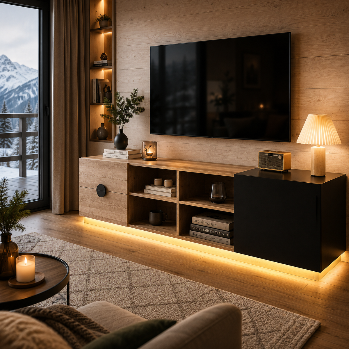 Meuble TV Design En Bois Lumina LED Noir 180 cm