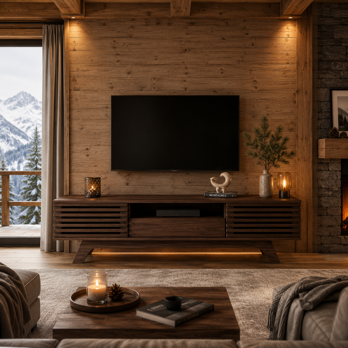 Meuble TV En Bois Foncé Noyer Rétro 150 cm