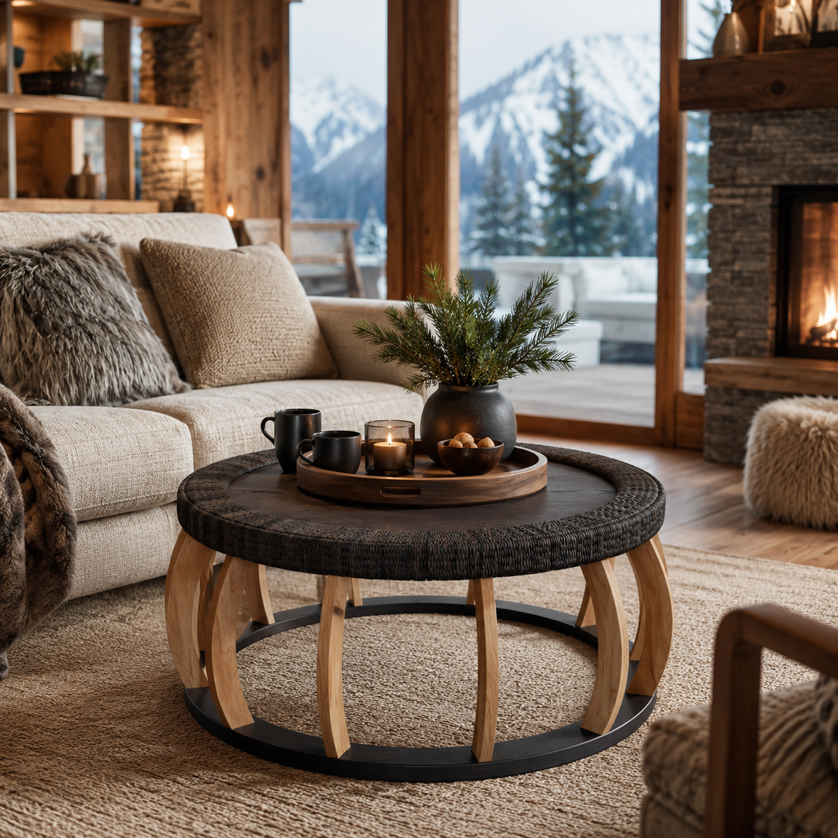 Table Basse Ronde En Bois Bohème Rotin