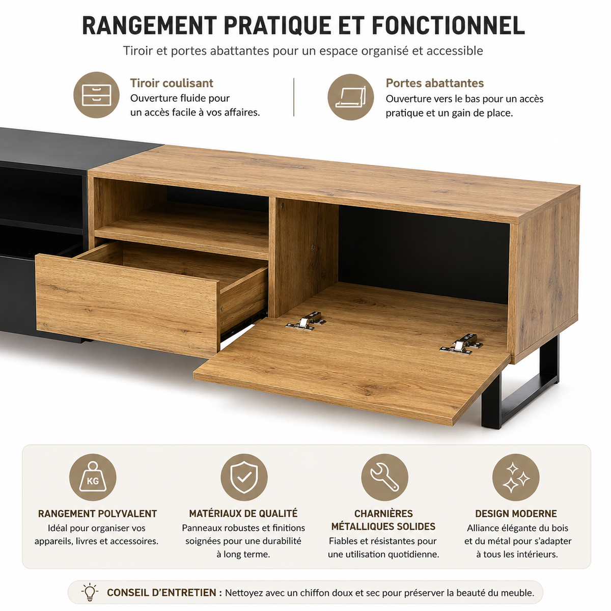 Meuble TV En Bois Noir Néro 190 cm