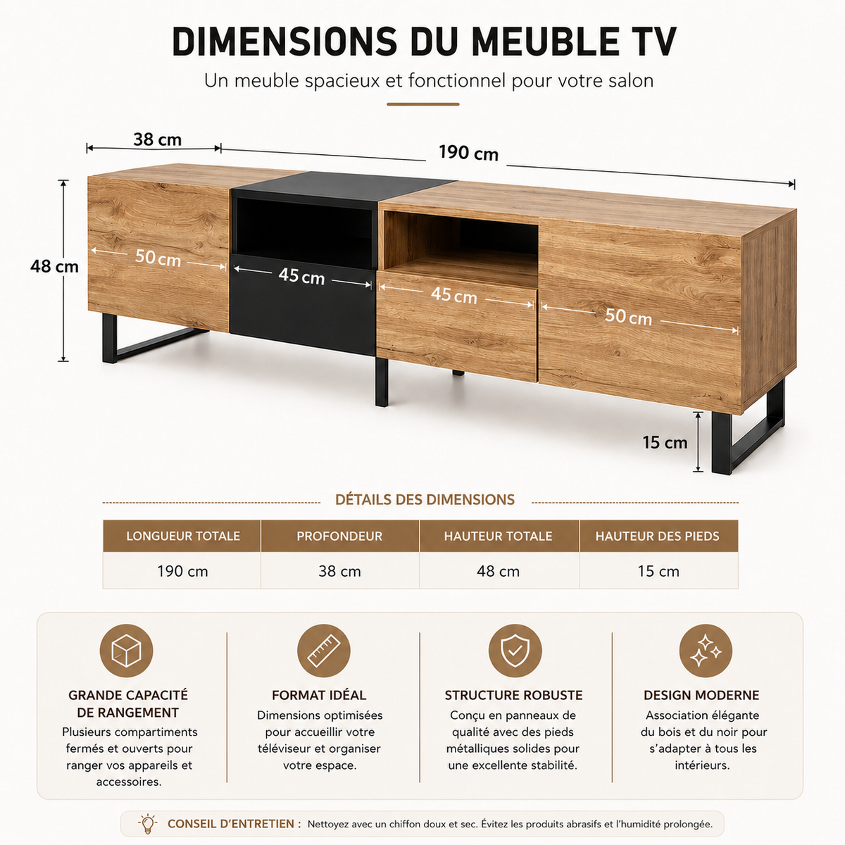 Meuble TV En Bois Noir Néro 190 cm