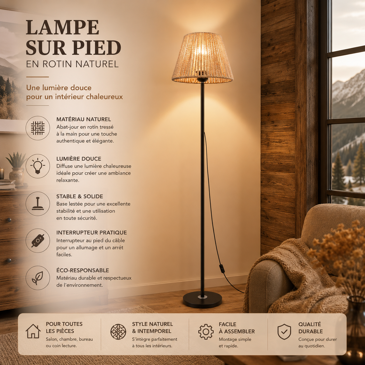 Lampadaire LED Sur Pied Rotin Aura Noir