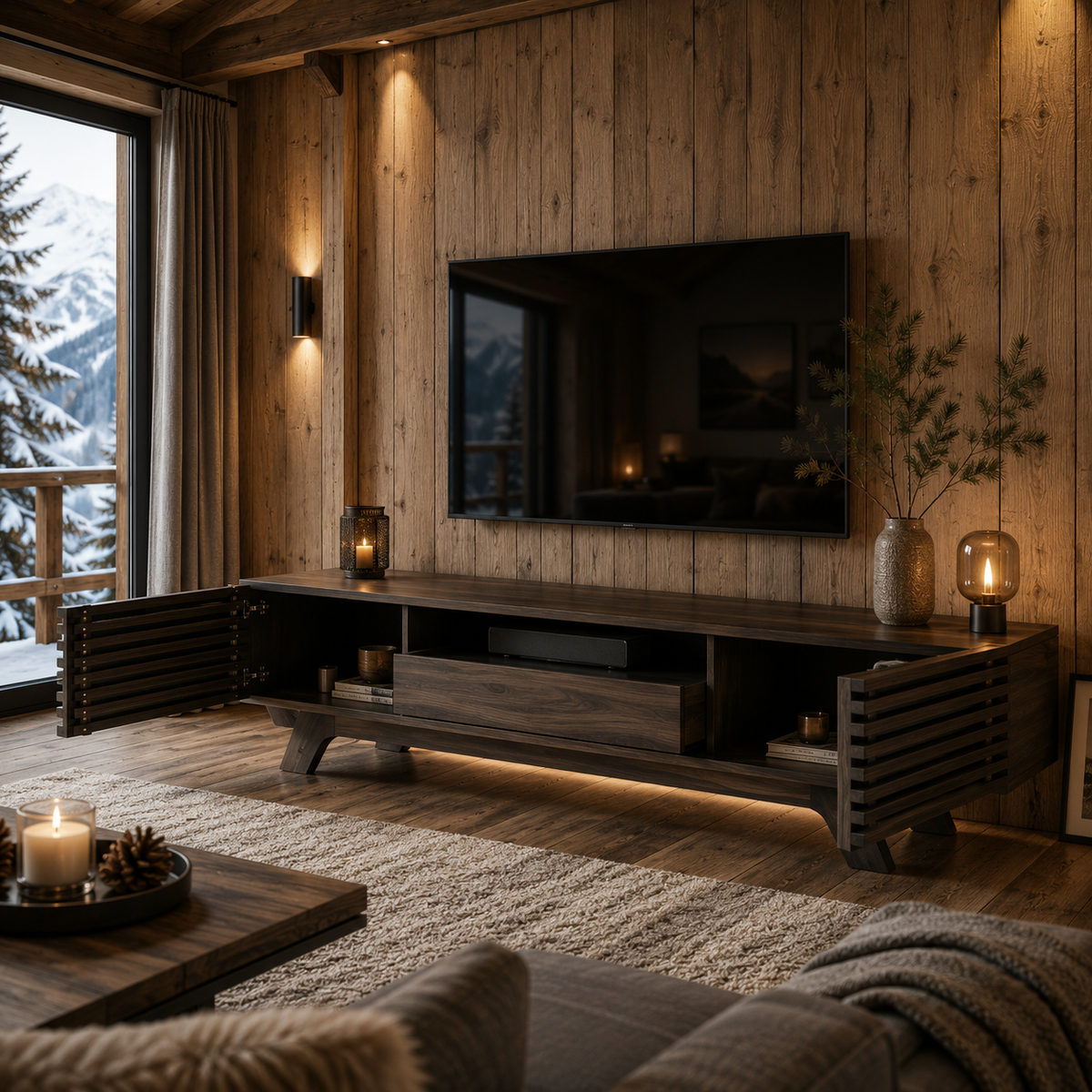 Meuble TV En Bois Foncé Noyer Rétro 150 cm
