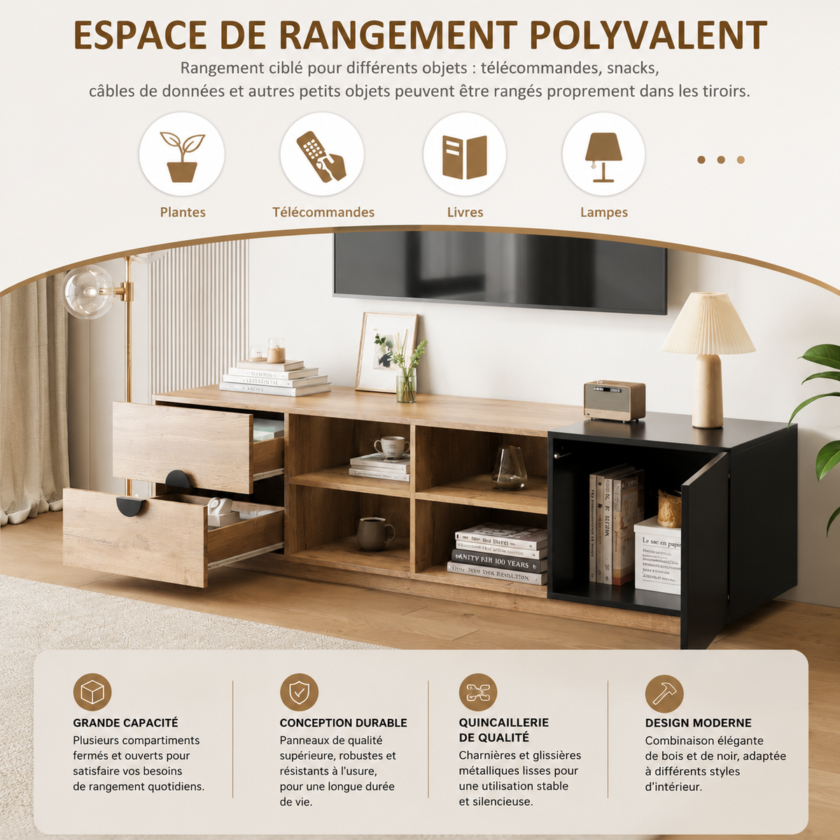 Meuble TV Design En Bois Lumina LED Noir 180 cm